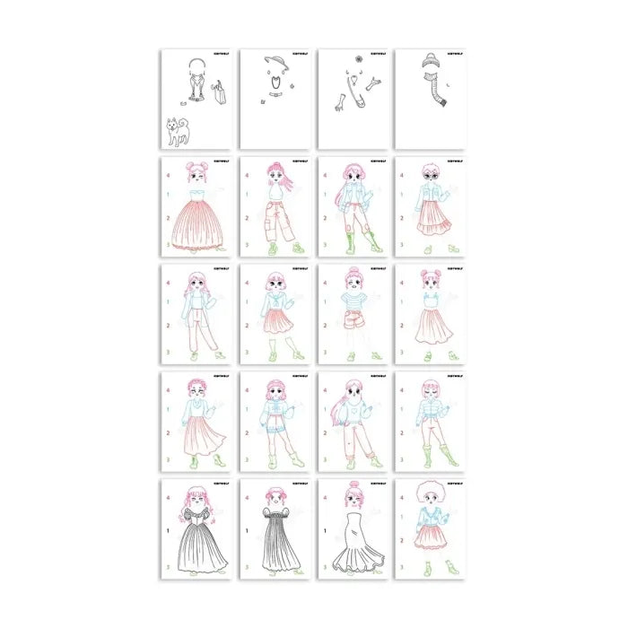 Grade com vários exemplos de *outfits* completos criados com os moldes da prancha de desenho KidyDraw Fashion, demonstrando a diversidade de estilos possíveis.