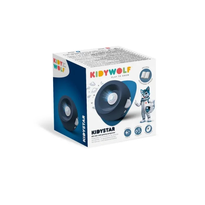 Caixa de embalagem do projetor de estrelas KidyStar da KidyWolf, cor azul escura, com ilustrações do produto e do mascote.