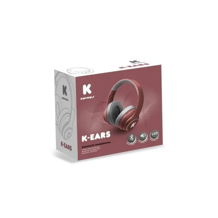 Embalagem dos auscultadores KidyWolf K-Ears, mostrando o produto em castanho e os ícones de funcionalidade (Bluetooth, LED, modo seguro).