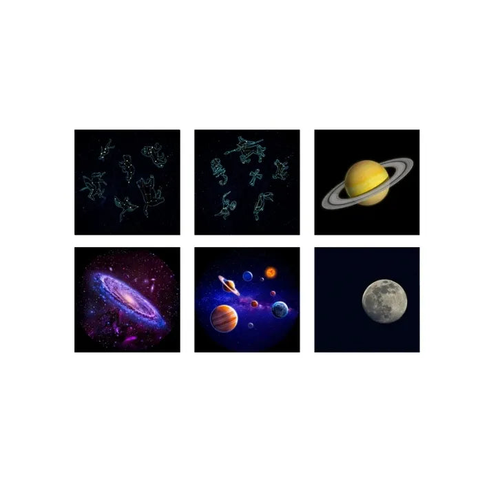 Seis imagens de disco de projeção lado a lado: duas de constelações, uma de Saturno, uma de galáxia, uma do sistema solar e uma da Lua.
