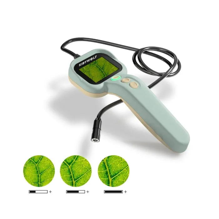 Câmara KidyWolf a mostrar uma imagem ampliada (zoom) da nervura de uma folha verde, com indicadores de ajuste de luz.