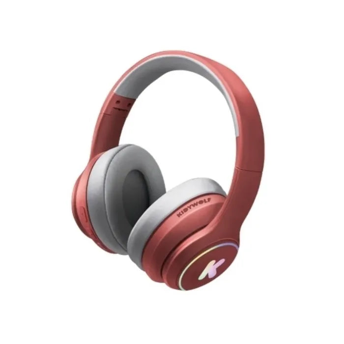 Auscultadores KidyWolf K-Ears de cor castanha-rosada, com almofadas cinzentas, em fundo branco, mostrando o logótipo 'K' iluminado.