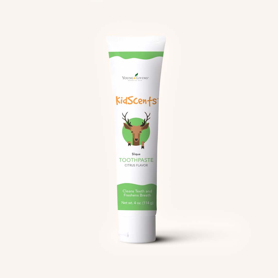 Tubo de pasta de dentes KidScents da Young Living, branco e verde com ilustracao de veado, sabor citrico, 113 ml, para criancas