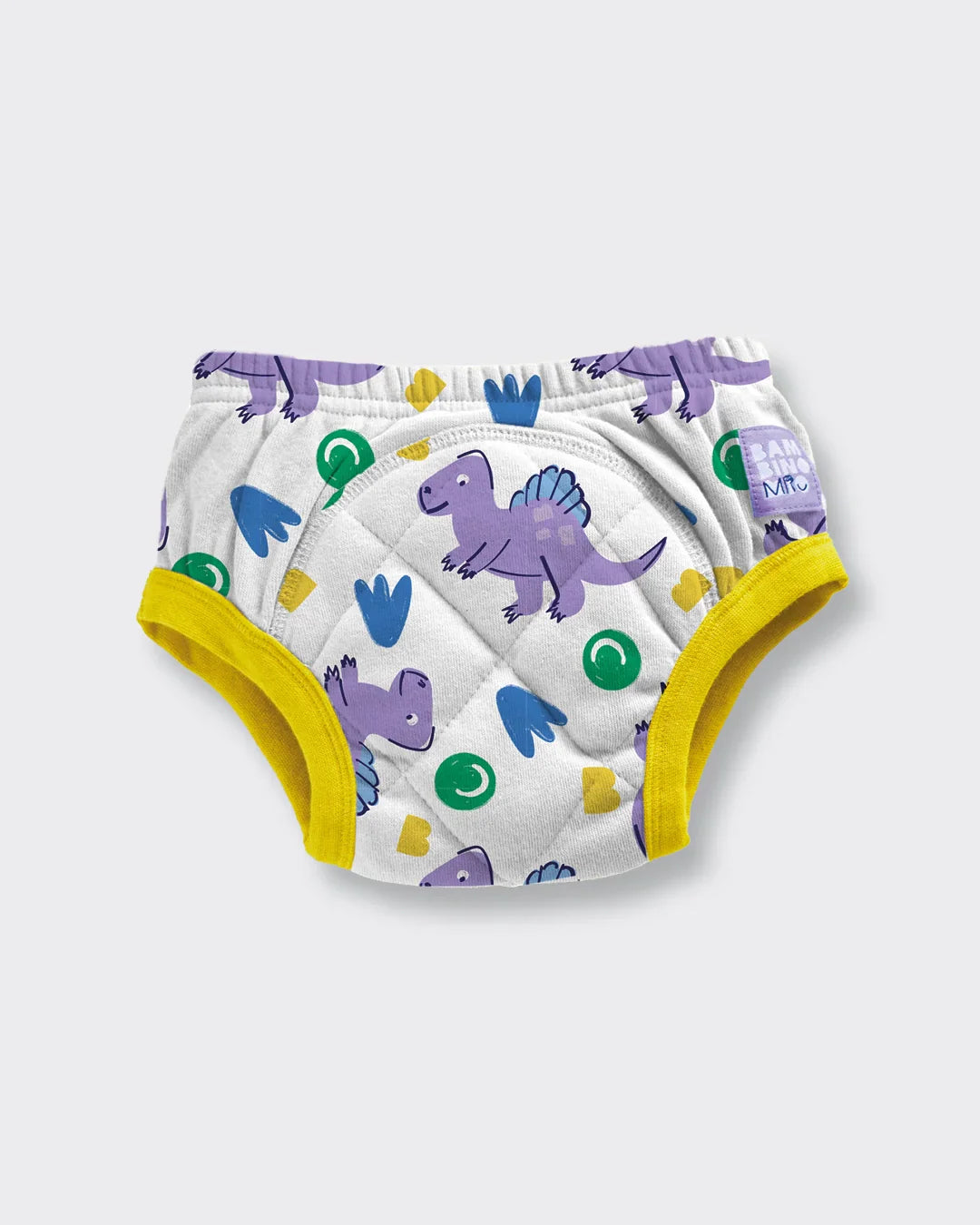 Detalhe da cueca de treino Bambino Mio branca com padrão de dinossauros roxos e acabamentos amarelos.