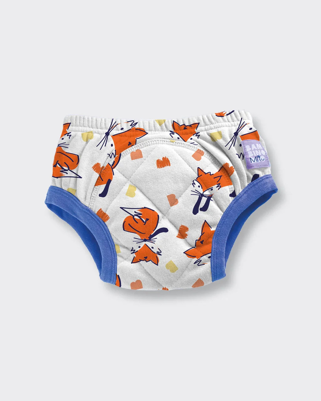 Detalhe da cueca de treino Bambino Mio branca com padrão de raposas laranja e acabamentos azuis.