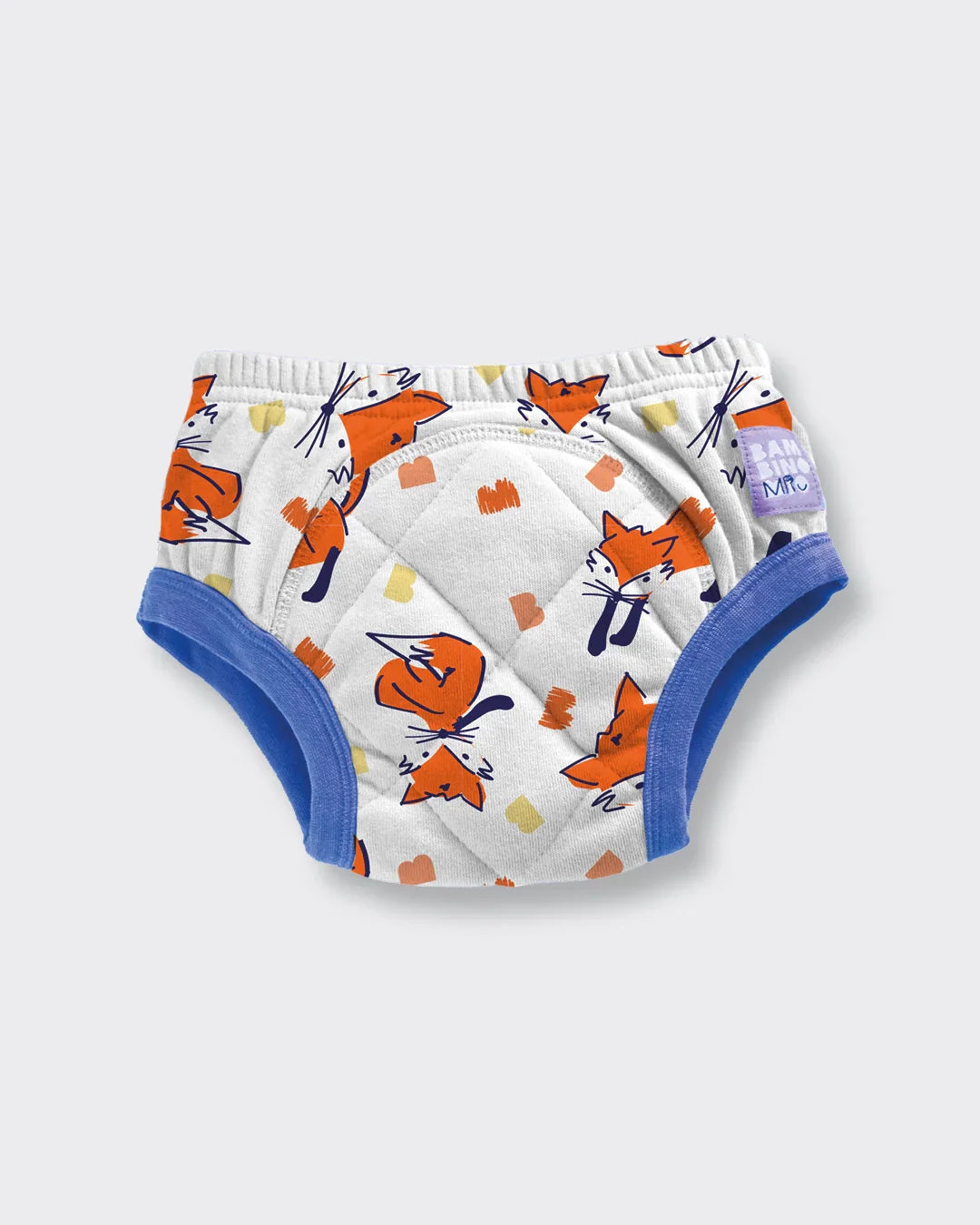 Detalhe da cueca de treino Bambino Mio branca com padrão de raposas laranja e acabamentos azuis.