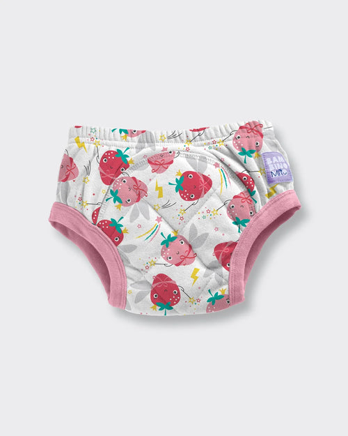 Cueca de aprendizagem reutilizável Bambino Mio Potty Training Pants Super Strawberry, com padrão de morangos e orlas cor-de-rosa.