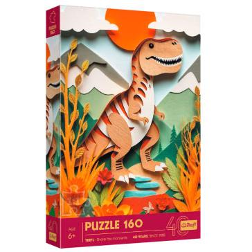 Caixa do puzzle Trefl Efeito 3D Dinossauro de 160 peças, mostrando a imagem vibrante do T-Rex em ambiente pré-histórico com efeito tridimensional e indicação de idade 6+.