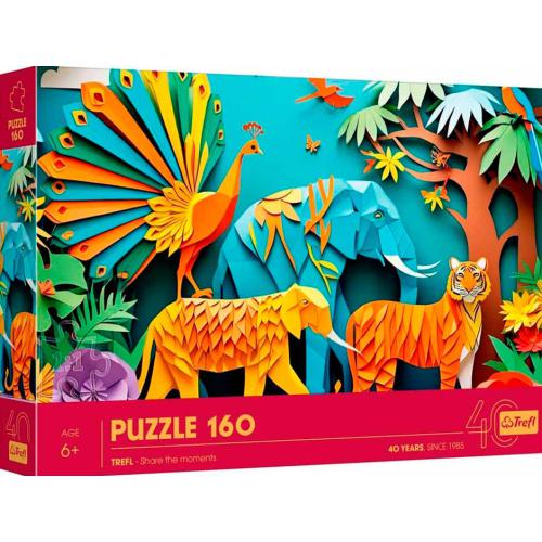 Caixa do Trefl Puzzle Efeito 3D Savana de 160 peças, com ilustração vibrante de pavão, elefante e tigre em estilo multicamadas.