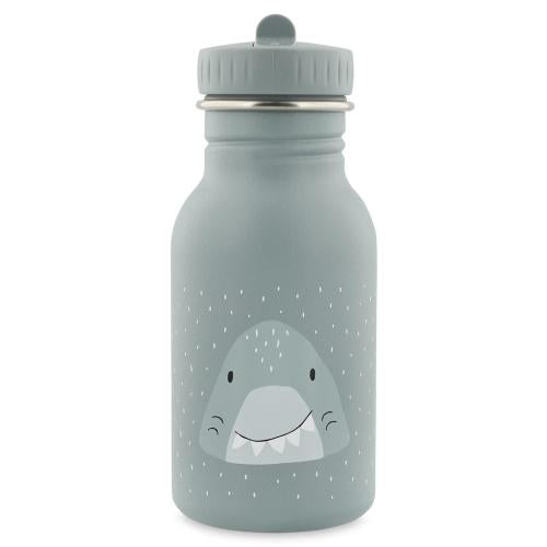 Garrafa Trixie de aço inoxidável Tubarão 350ml, vista frontal, com design de tubarão azul-acinzentado e pontos brancos.
