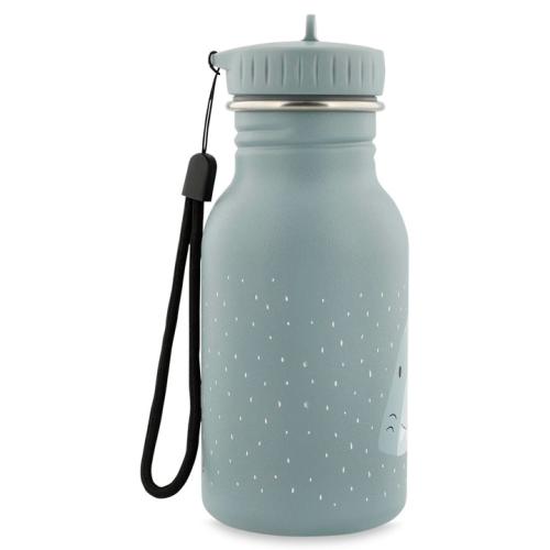 Garrafa Trixie de aço inoxidável Tubarão 350ml, vista lateral, mostrando o laço preto de transporte.