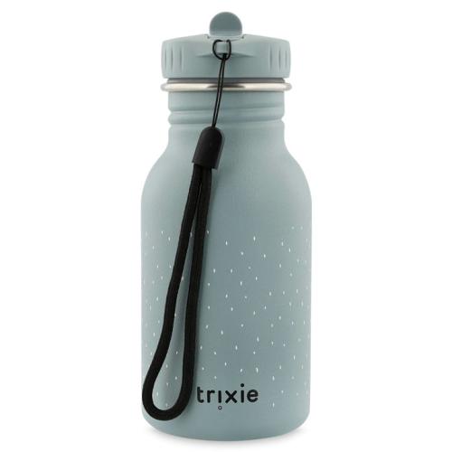 Garrafa Trixie de aço inoxidável Tubarão 350ml, vista lateral, com o logótipo Trixie visível e o laço de transporte.