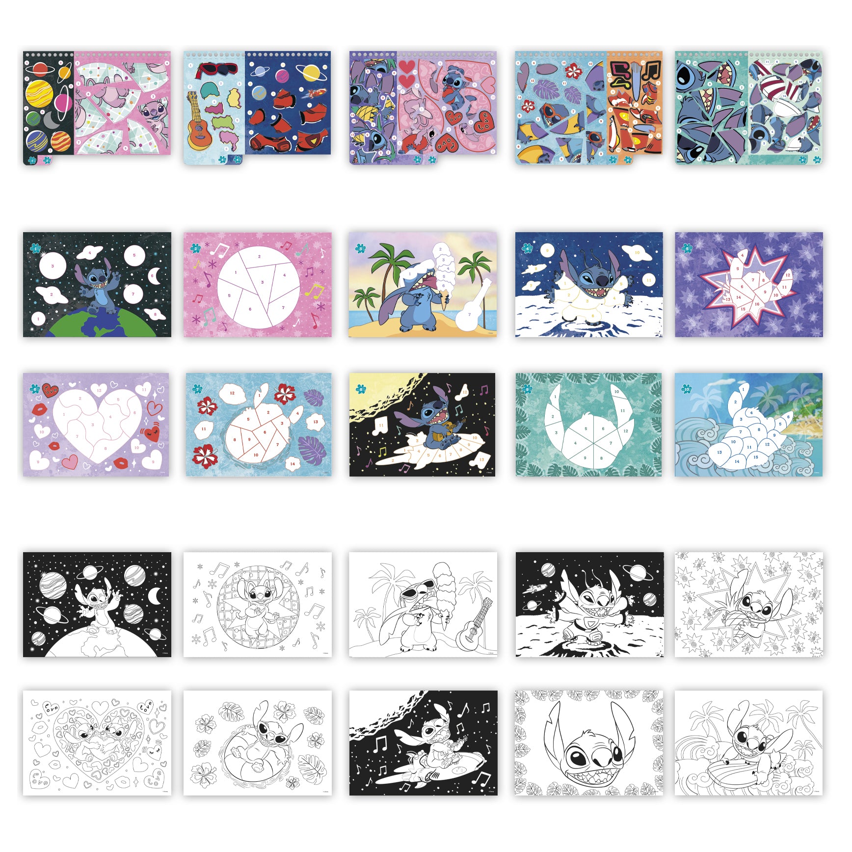 Todas as páginas do livro Totum Sticker by Number Stitch, mostrando autocolantes, puzzles numerados e desenhos para colorir.