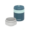 Termos para sólidos Kambukka Bora 600ml azul-escuro com anel verde-água, com a tampa parcialmente desrosqueada ao lado, mostrando o interior.