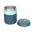 Termos para sólidos Kambukka Bora 600ml azul-escuro com anel verde-água, com a tampa removida e colocada ao lado, exibindo o interior em aço inoxidável.