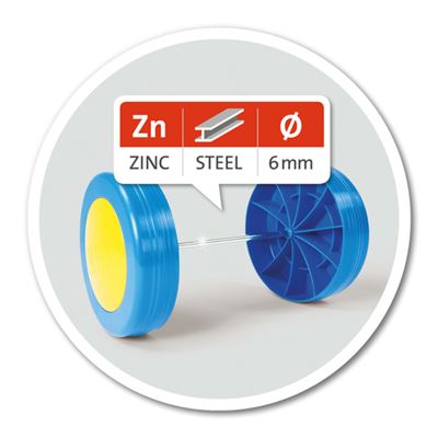 Detalhe dos eixos da roda da scooter de brincar, indicando materiais: Zinco (Zn), Aço (Steel) e diâmetro de 6mm.