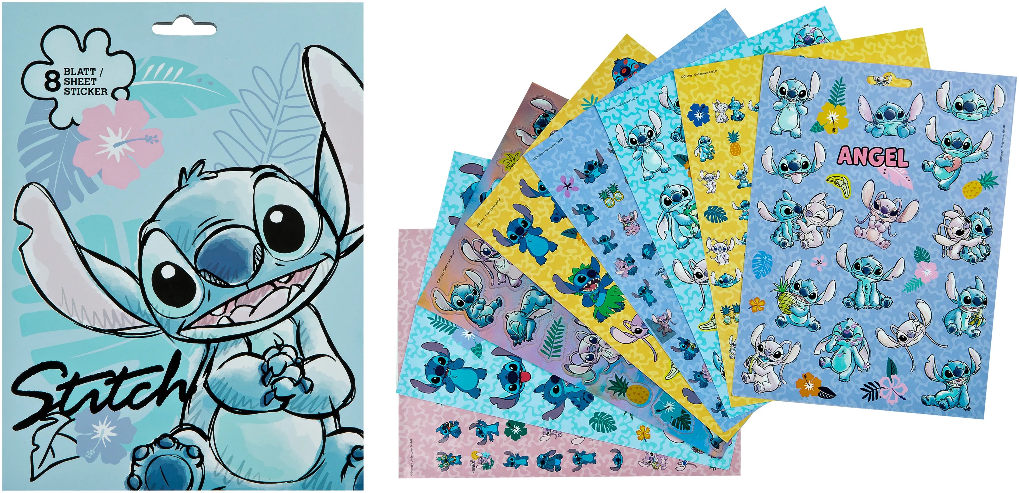 Conjunto de 8 folhas de autocolantes Creative Craft Lilo e Stitch, exibindo diferentes designs do Stitch e Angel em várias poses e cores vibrantes.
