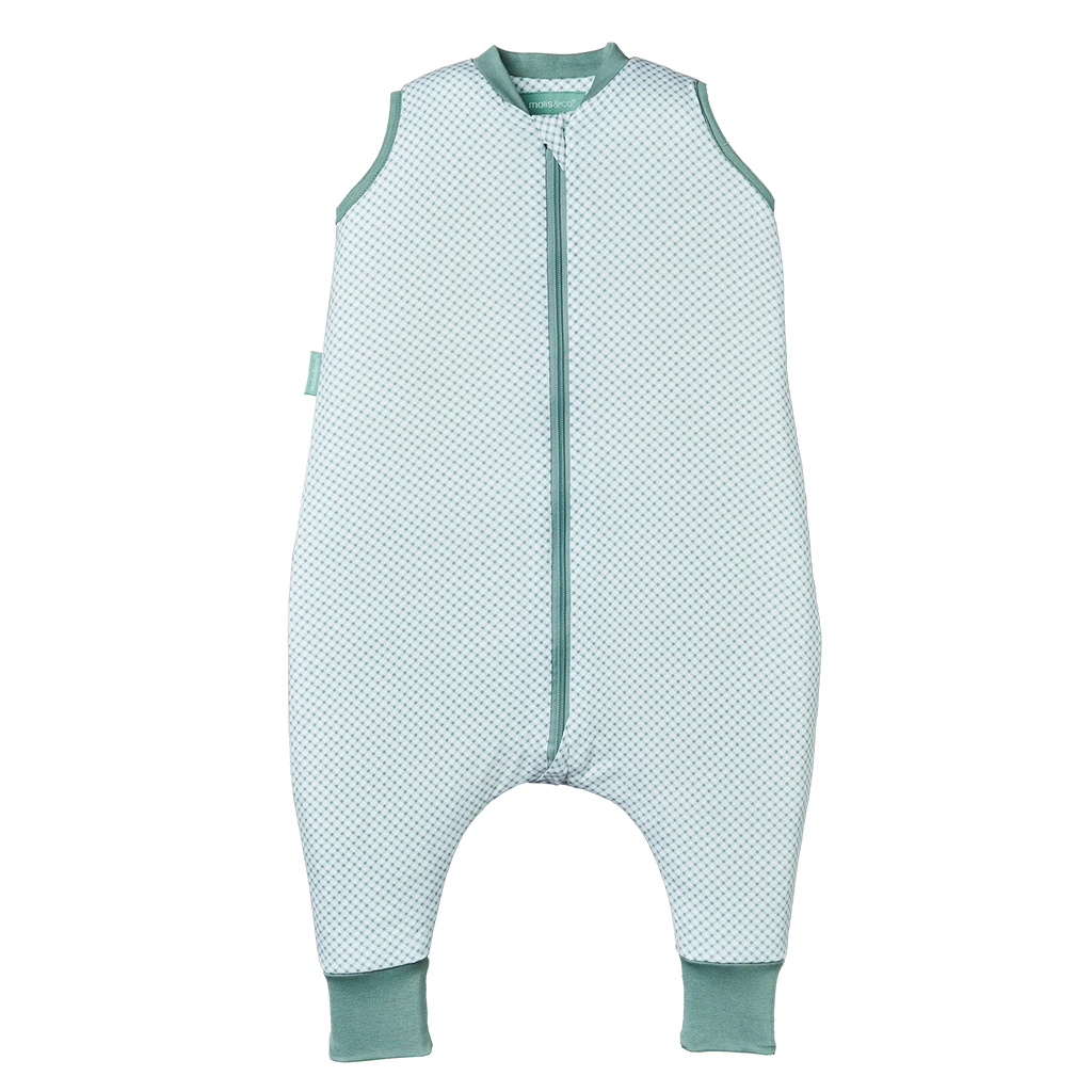 Saco de dormir MolisandCo TOG 1.0 com pés VICHY GREEN, exibido plano com fecho de correr frontal.