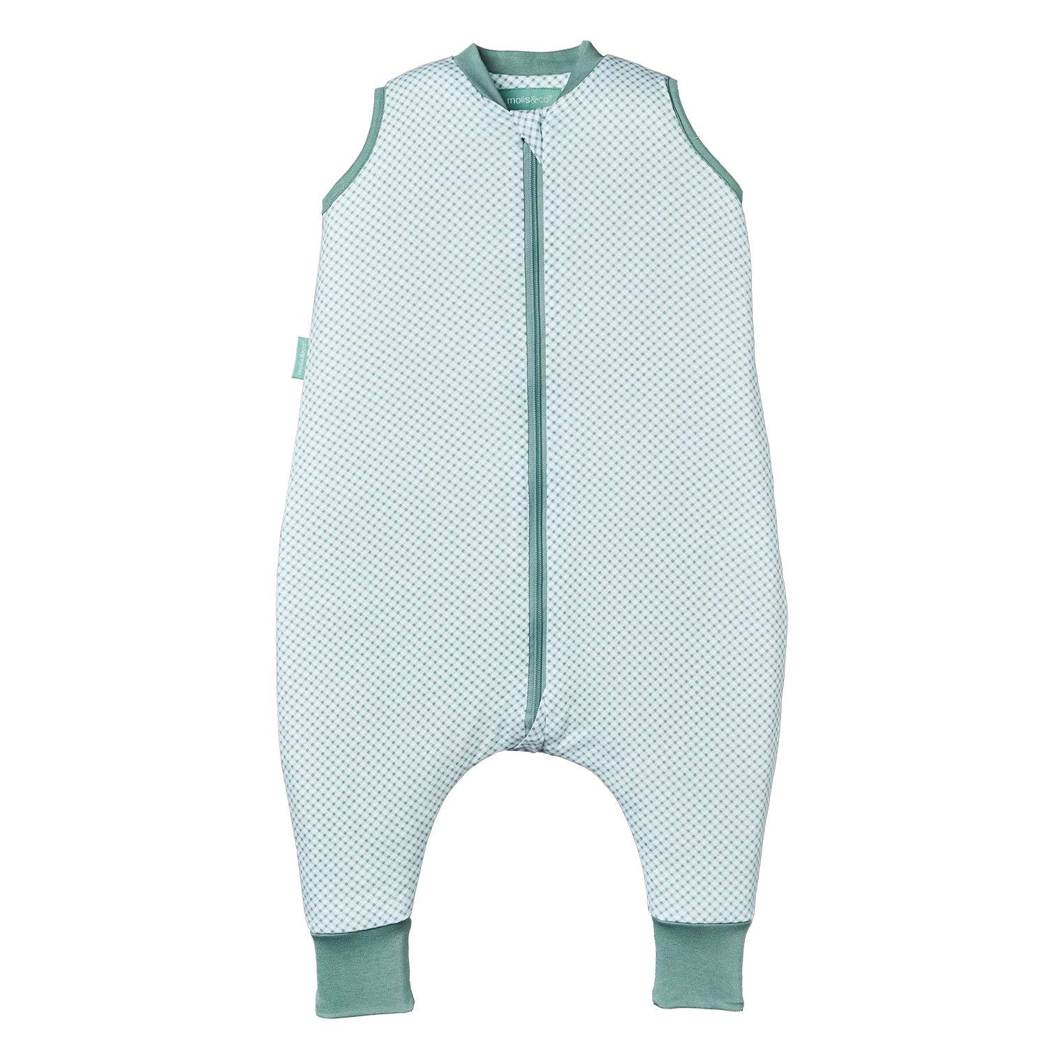 Saco de dormir MolisandCo TOG 1.0 com pés VICHY GREEN, exibido plano com fecho de correr frontal.