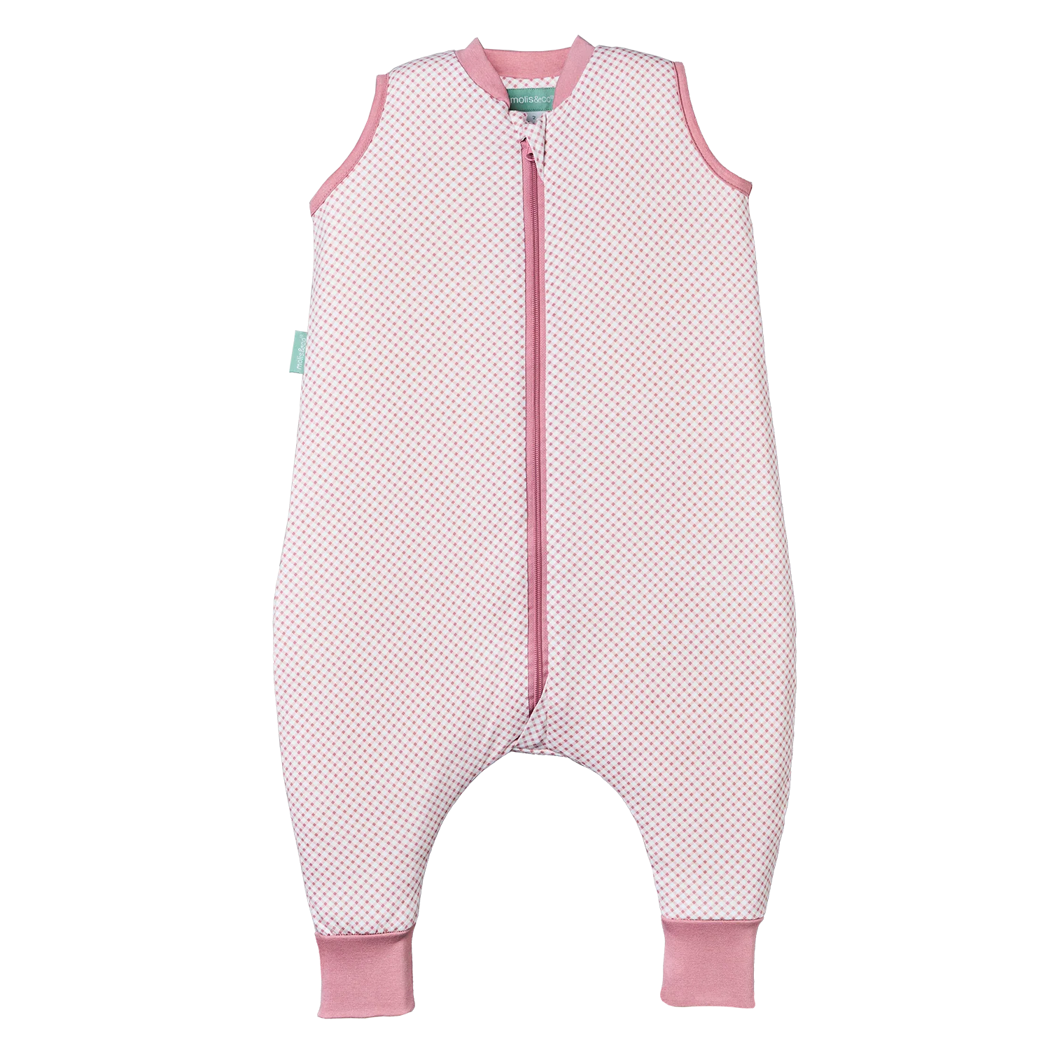 Saco de dormir com pés MolisandCo TOG 1.0 VICHY PINK, padrão xadrez rosa e branco, com fecho frontal e acabamentos em rosa.