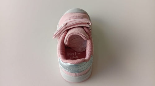 Sapatilha BabyFree barefoot rosa e prateado da Chetto, vista superior, mostrando o interior e a marca.