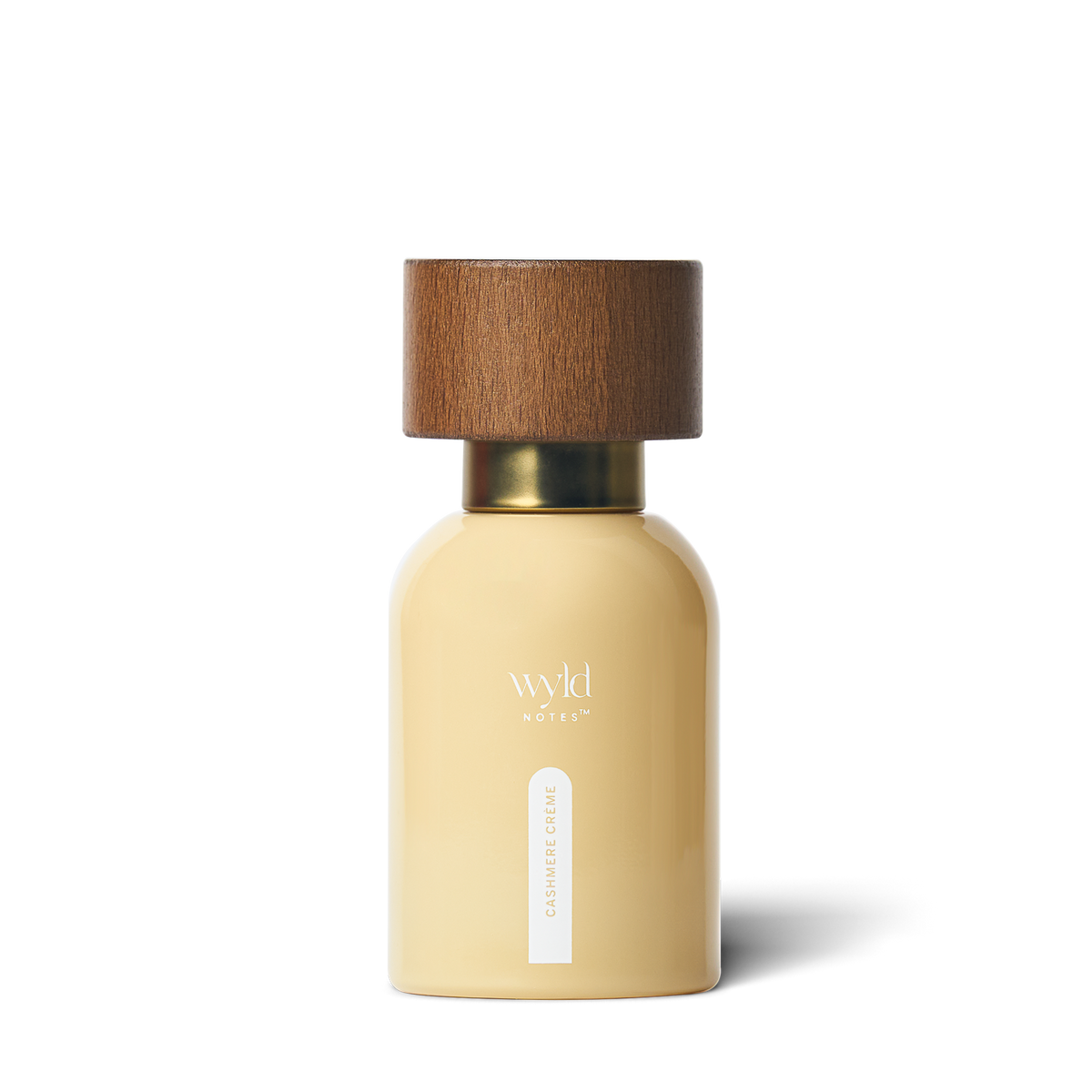 Frasco creme de perfume Wyld Notes Cashmere Creme de 30 ml com tampa de madeira e detalhe dourado