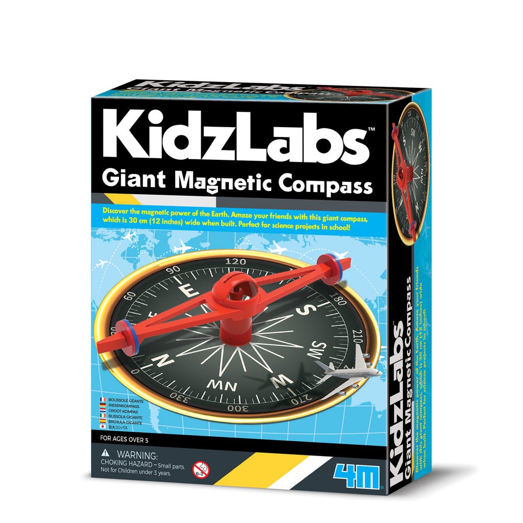 Kit 4M KidzLabs para construir uma bússola magnética gigante de 30 cm, com a caixa e as peças do conjunto