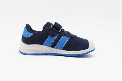 Sapatilha infantil BabyFree barefoot azul escura com riscas azuis claras e sola branca, vista lateral.
