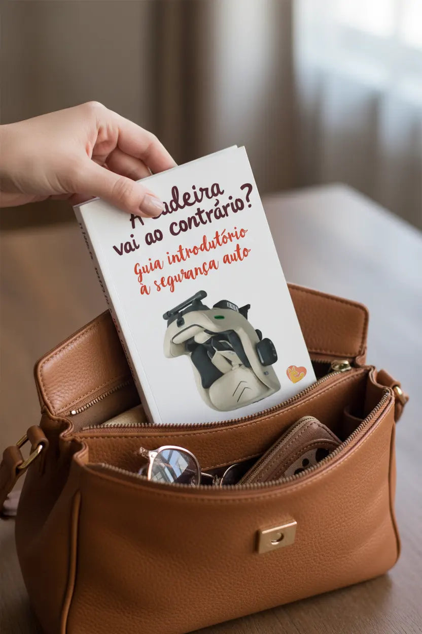 Mão a colocar o livro "A Cadeira vai ao contrário?" dentro de uma mala de senhora castanha, junto a óculos de sol e carteira.