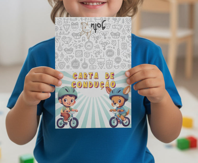 Criança sorridente segura a Carta de Condução Infantil Gotu com ilustrações de crianças em bicicletas e fundo de sinais de trânsito.