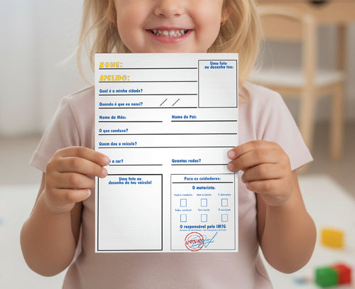 Detalhe da Carta de Condução Infantil Gotu personalizada, mostrando campos para preenchimento como nome, idade, veículo e avaliação dos cuidadores.