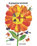 Ilustração vibrante da flor gigante que cresce a partir da pequena semente, rodeada de pássaros e borboletas coloridas, representando o ciclo de vida da natureza.