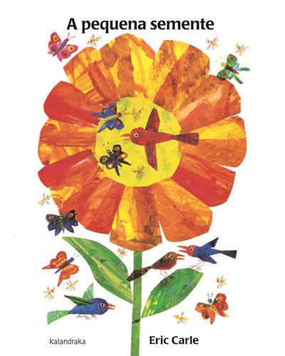 Ilustração vibrante da flor gigante que cresce a partir da pequena semente, rodeada de pássaros e borboletas coloridas, representando o ciclo de vida da natureza.