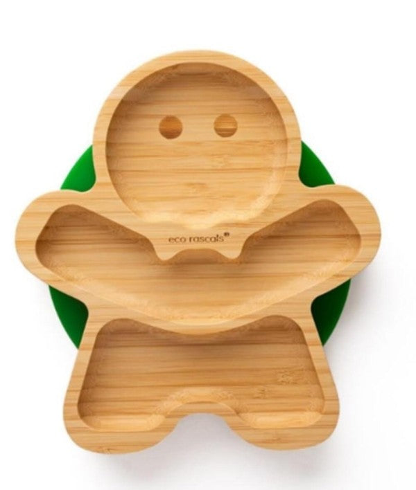 Prato de bambu Eco Rascals em forma de boneco de gengibre, com divisórias e base de sucção verde.
