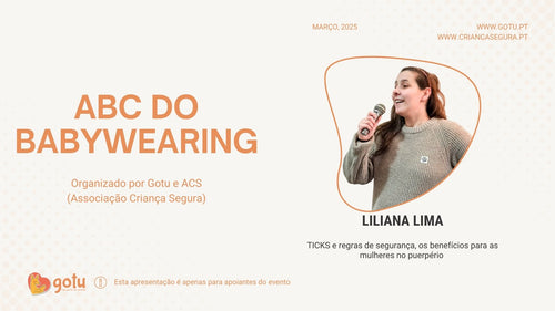 Cartaz do congresso "ABC do Babywearing" com a especialista Liliana Lima a falar, focado em regras de segurança e benefícios.