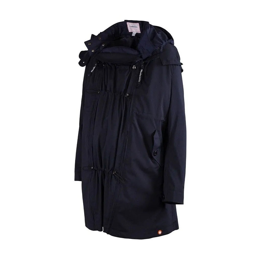 Casaco Wombat Kowari Marinho em perspetiva, mostrando o insertável para gravidez ou babywearing à frente, com pormenores dos cordões de ajuste.