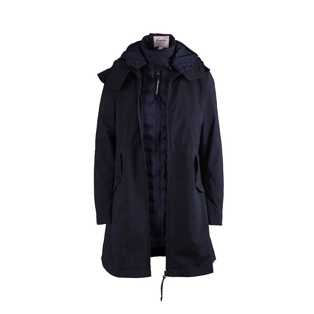 Casaco Wombat Kowari Marinho aberto, revelando a gabardina exterior e a jaqueta interior light down, ambas em tom marinho.