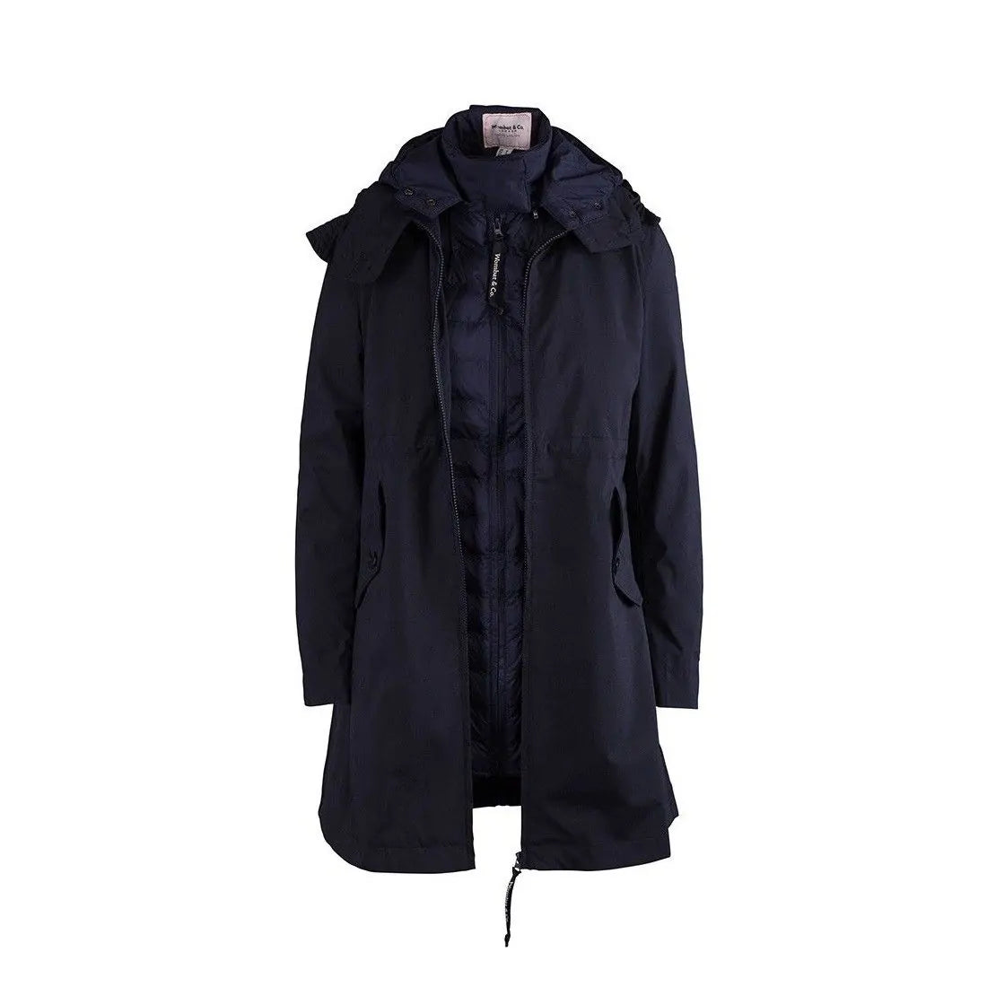 Casaco Wombat Kowari Marinho aberto, revelando a gabardina exterior e a jaqueta interior light down, ambas em tom marinho.