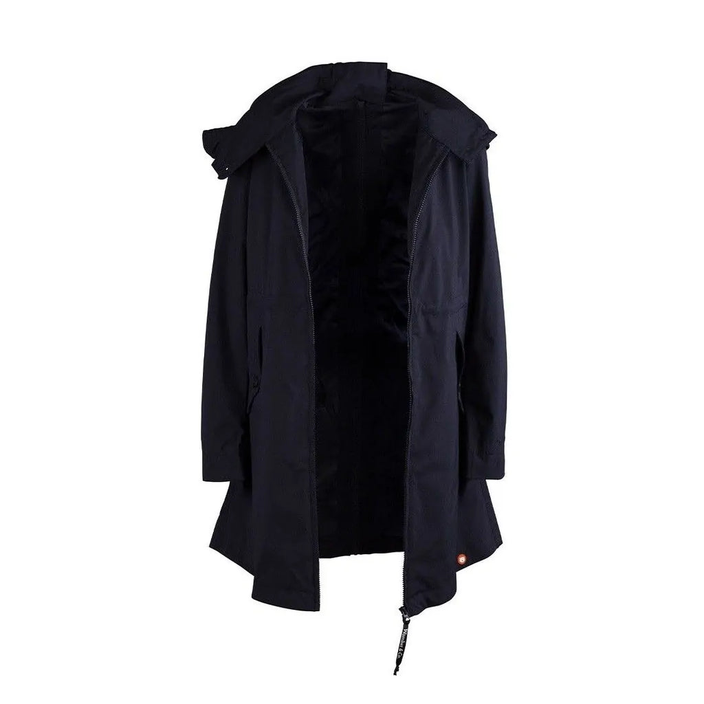 Gabardina exterior do casaco Wombat Kowari Marinho aberta, mostrando o seu interior e a possibilidade de uso independente.