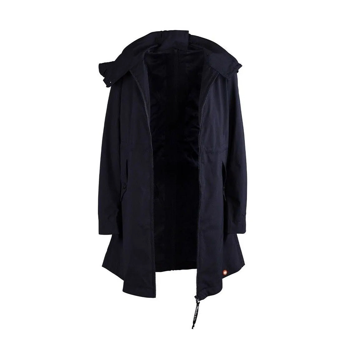 Gabardina exterior do casaco Wombat Kowari Marinho aberta, mostrando o seu interior e a possibilidade de uso independente.