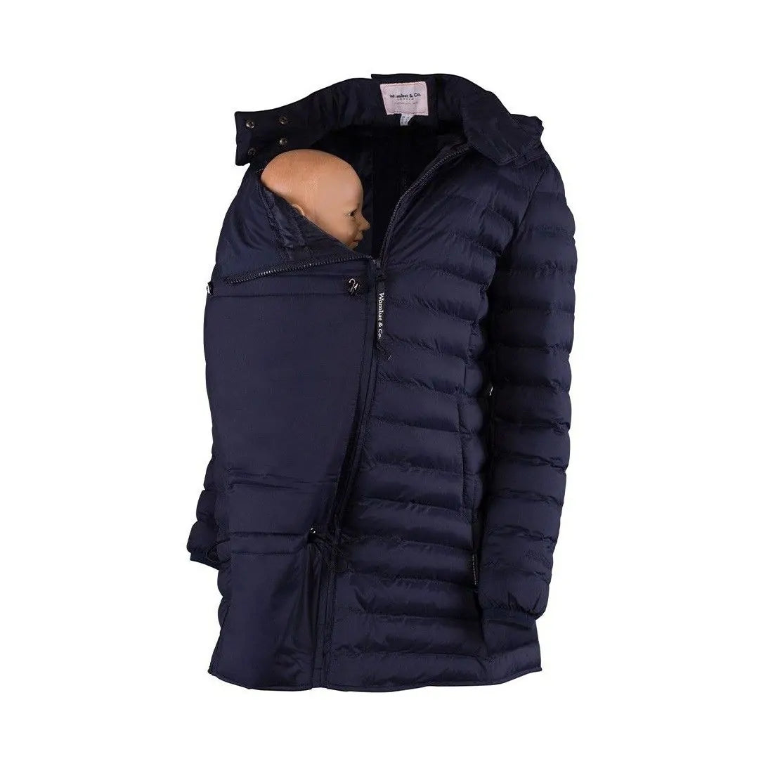 Jaqueta interior light down do casaco Wombat Kowari Marinho com um boneco bebé no insertável, para uso mais desportivo ou em camadas.