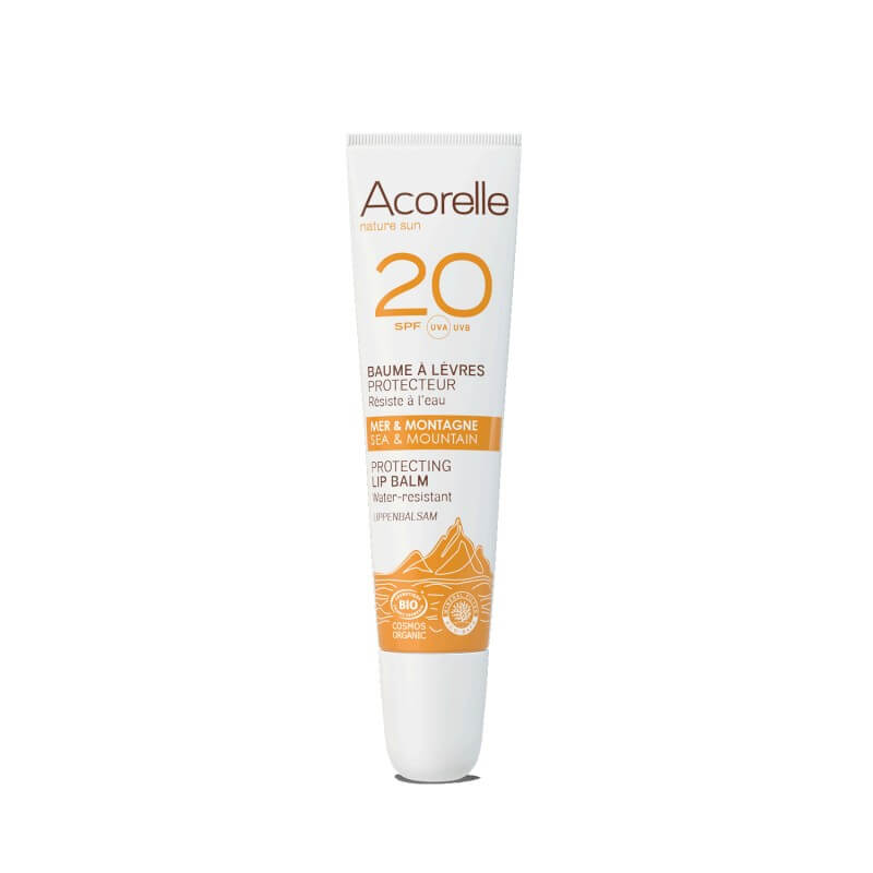 Acorelle Bálsamo Protetor Solar SPF20. Bálsamo labial com proteção solar, hidratante e antioxidante para lábios sensíveis.