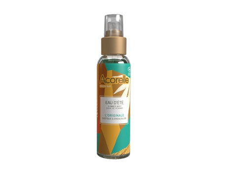 Embalagem da Bruma de Corpo Acorelle Aroma Praia 100ml com design solar e exótico.