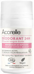 Embalagem roll-on do desodorizante Acorelle 24h Flor de Algodão com design minimalista e natural.