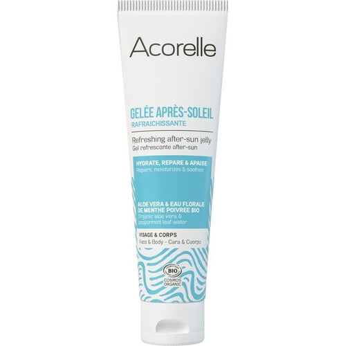 Embalagem de 100ml do Gel Pós-Solar Refrescante Acorelle com ingredientes biológicos e naturais.