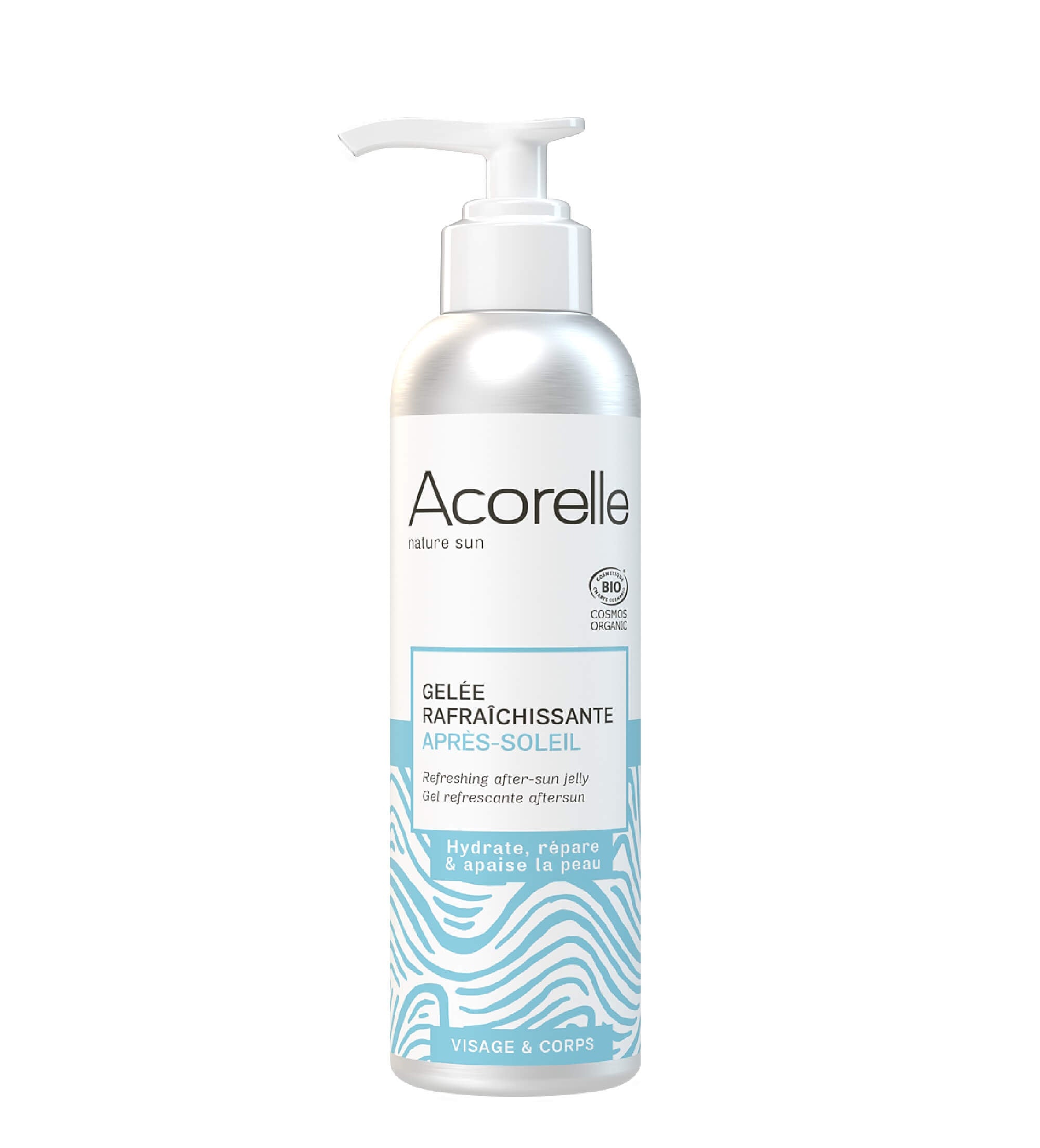 Frasco do Acorelle Gel Pós Solar Refrescante 200ml, destacando o rótulo com a descrição "Gelée Rafraîchissante Après-Soleil".