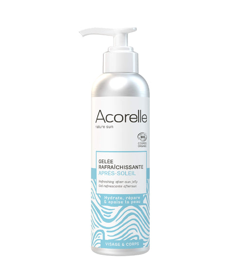 Frasco de Acorelle Gel Pos Solar Refrescante 200ml com doseador branco para cuidado da pele.