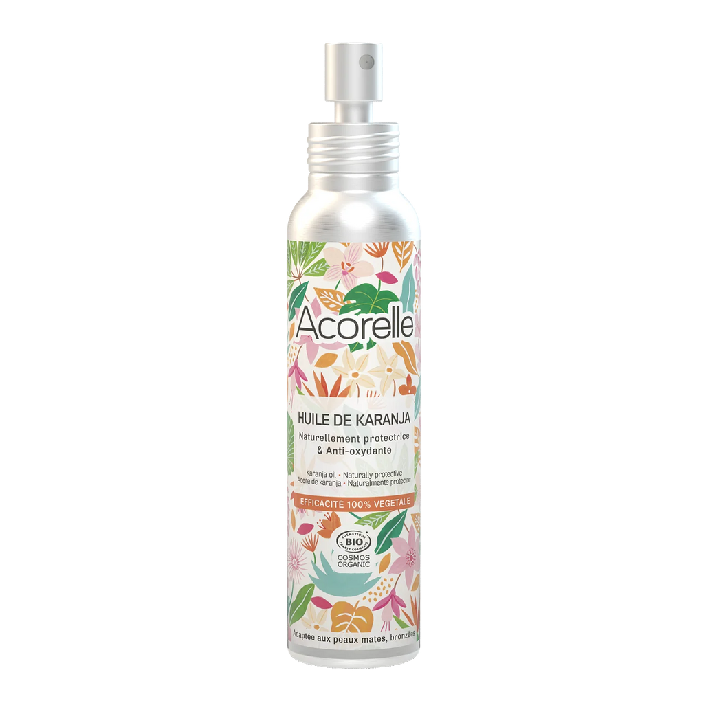 Embalagem de alumínio sustentável do Óleo de Praia Acorelle 100ml com ilustrações tropicais.