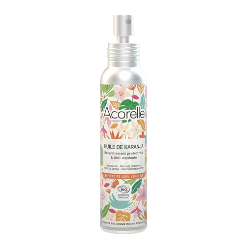Embalagem de alumínio sustentável do Óleo de Praia Acorelle 100ml com ilustrações tropicais.