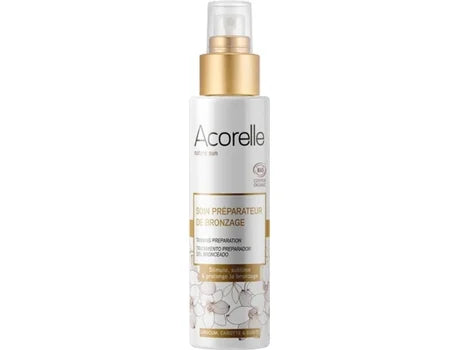 Embalagem de 100ml do Óleo Seco de Preparação para Bronzear Biológico da Acorelle com tons alaranjados.